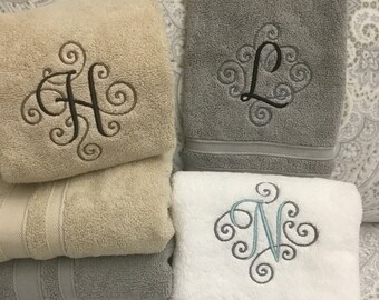 Custom Embroidered Monogrammed Hand towels in Gray, White or Tan -  Fancy Scroll