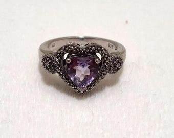 Heart Shaped Amethyst Ring Haloed by Marcasites 925 Size 7