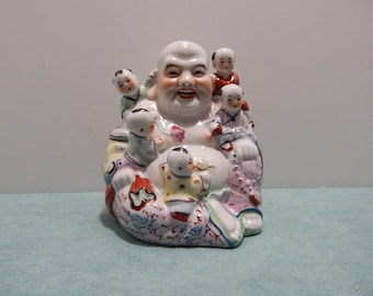 Laughing Happy Buddha with Five Kids Fine Porcelain Statue 5 3/4" Tall
