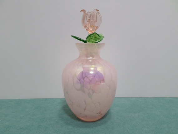 Vintage Glass Perfume Bottle Pink Iridescent Glas… - image 1