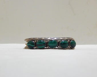 Vintage Native American Cuff Bracelet with Five Oval Malachite Cabochons Stamped Sterling Silver