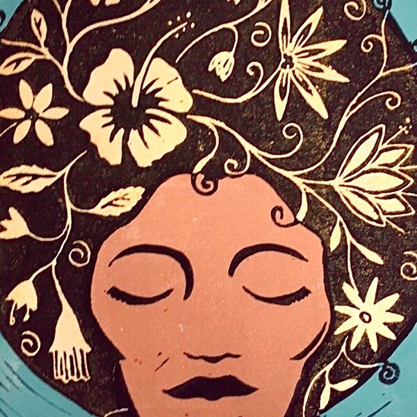 A5 photographic print of an original Lino print, Gloria (turquoise), Wall Art, Gift, Mother's Day, wall art, Art Print, black girl magic