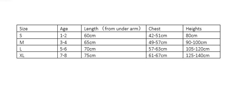 May include: A black and white sizing chart table with columns for Size, Age, Length from under arm, Chest, and Heights. The rows list sizes S, M, L, and XL with corresponding measurements in cm for ages 1-8 and heights from 80cm to 140cm.