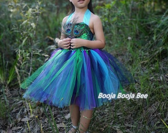 Luxus Mädchen Pailletten Pfau Tutu Kleid mit Haar Accessoires, Kostüm, Blumen, Tier Party Kleid