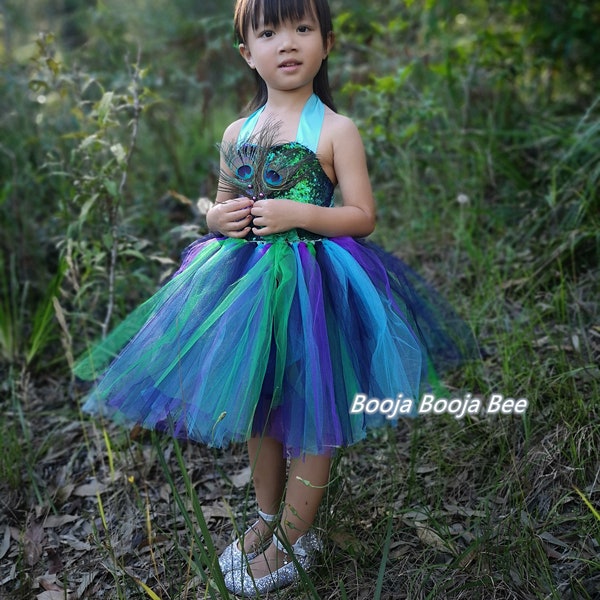 Luxury Girl sequins Peacock tutu dress with hair accessories, costume, flowers, animal party dress