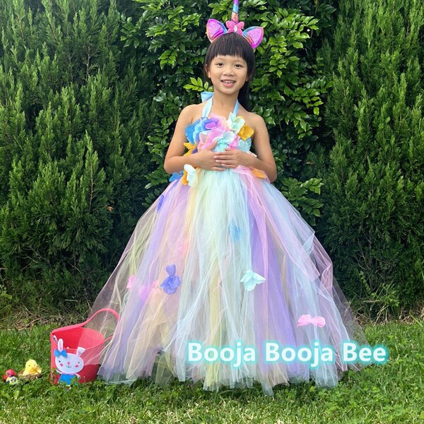 Eenhoorn Lola 3D-bloemen Fairy tutu-jurk, 1e verjaardagsfeestje, prinsessenoutfits, bloemen borduren, mesh pastel