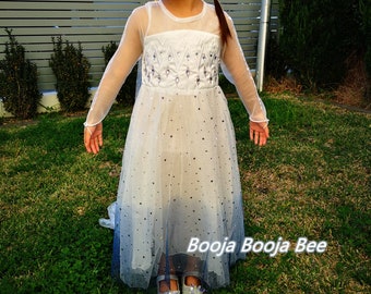 May include: A young girl wearing a white and blue princess dress with long sheer sleeves and silver shoes. The dress has a bodice with decorative embellishments and a flowing skirt with a starry pattern. A toy wand lies on the grass.