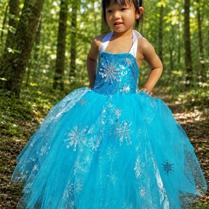 May include: A bright blue dress featuring a sequined bodice and a full tulle skirt adorned with silver snowflake patterns. The garment includes white halter-style straps and is paired with a silver tiara featuring blue and clear crystals.