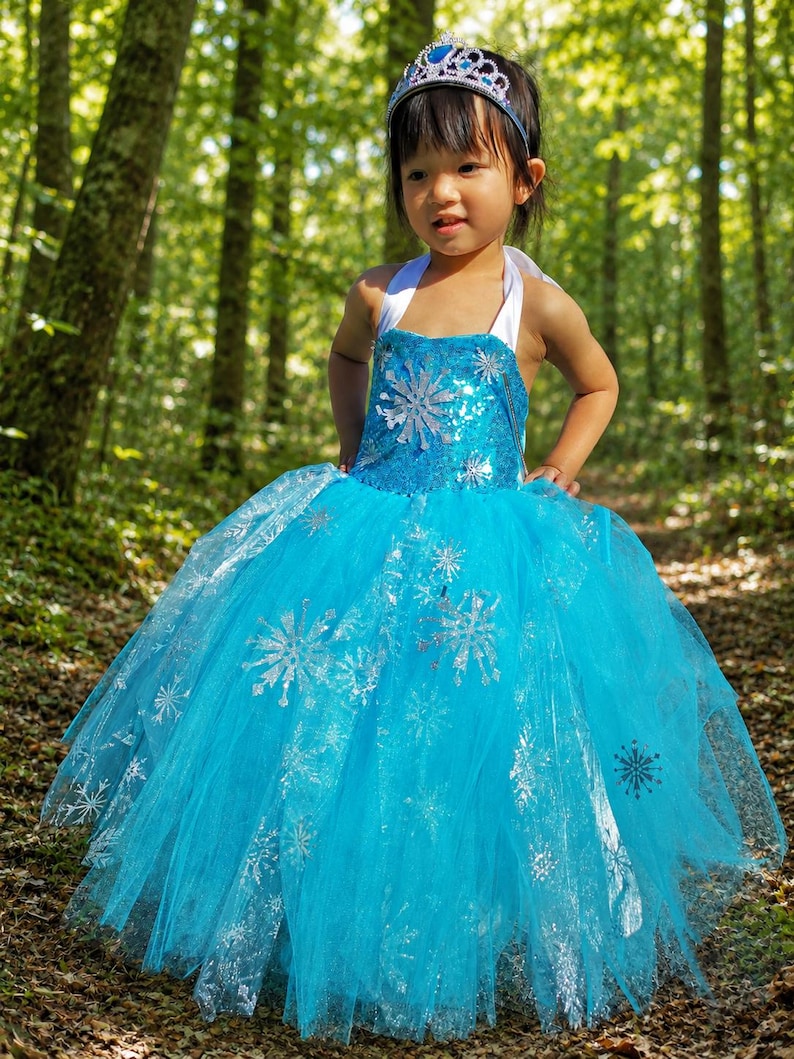 May include: A bright blue dress featuring a sequined bodice and a full tulle skirt adorned with silver snowflake patterns. The garment includes white halter-style straps and is paired with a silver tiara featuring blue and clear crystals.