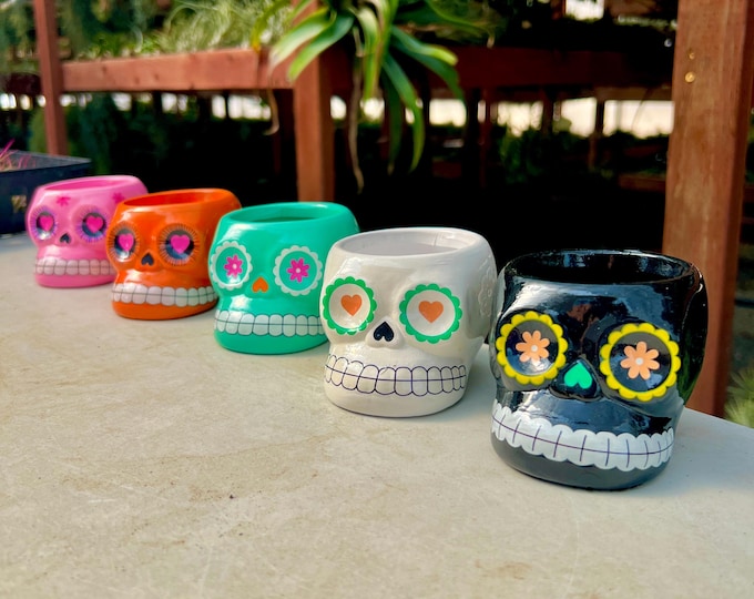 Sugar Skull Ceramic Planter – 5 Color Options - Halloween, Dia de los Muertos