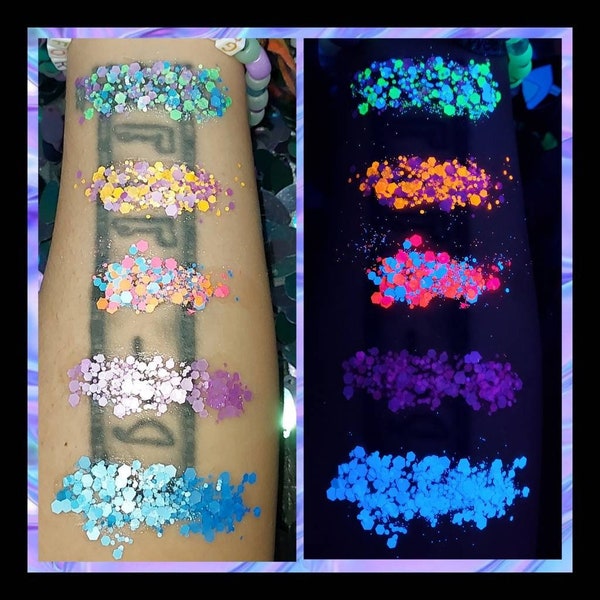 UV Chunky Confetti Glitter, neon, rave glitter, cosmetic glitter, UV reactive, festival body glitter, cosplay, Halloween, hair glitter
