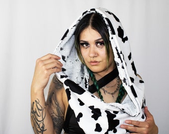 Cow Print Flip Sequin Reversible Infinity Hood Black and White Festival Hood Rave Edm Burning Man Hoodie Scarf