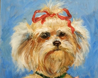 Lady dog portrait. Small, charming original painting. Vintage style victorian pet portrait