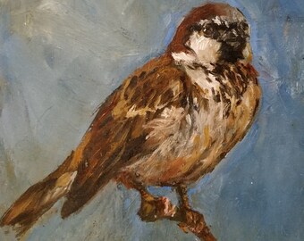 Sparrow portrait. Small, charming original painting