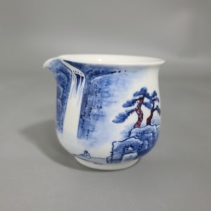 Handmade Korean White Porcelain Fair Cup: Waterfall & Pine Tree Tea Pitcher