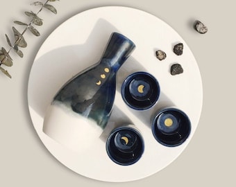 Handmade Korean Baekja White Porcelain Sake Set - Moon, Pitcher & Cups, Soju, Makgeolli