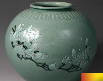Handmade Korean Chungja Celadon Moon Jar with Embossed Magnolia Flowers