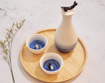 Handmade Korean Chunghwa Baekja White Porcelain Sake Set - Orca Whale, Bottle & Cups