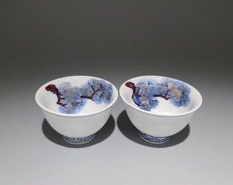 Handmade Korean Chunghwa Baekja White Porcelain Teacup Set for 2 - Golden Pine Tree