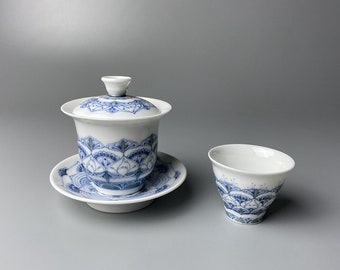 Handmade Hand Painted Korean Floral Mandala Pattern Gaiwan Tea Set, Teapot, Teacup, Chunghwa Baekja, White Porecelain, Gong Fu Cha