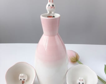Handmade Hand-Painted Korean Chunghwa Baekja White Porcelain Sake Set - Bunny, Year of Rabbit, Pitcher & Cups, Soju, Makgeoli