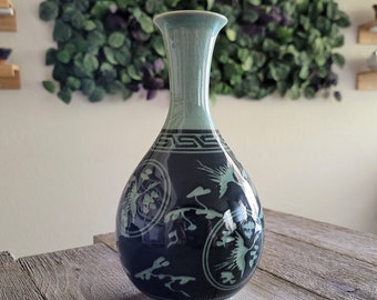 Handmade Korean Inlaid Celadon Jubyeong Jar | Dark Goryeo Style Vase with Cranes & Clouds | Authentic Korean Pottery Art