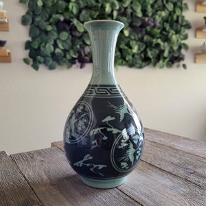 Handmade Korean Dark Inlaid Celadon Jubyeong Jar - Cranes and Clouds, Pottery, Home Decor