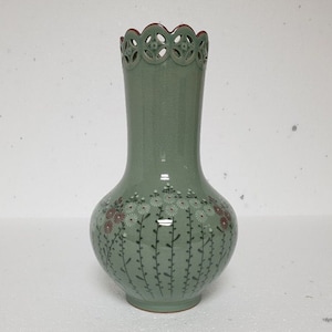 Handmade Korean Ceramic Openwork Celadon Vase - Chrysanthmum, Goryeo, Traditional, Home Decor