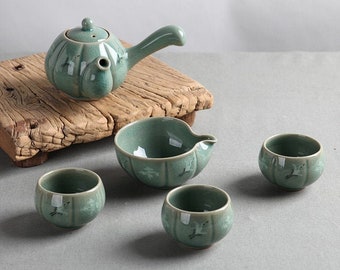 Handmade Korean Pumpkin Shaped Celadon Tea Set for 3 with Gift Box - Clouds and Cranes, Kyusu Teapot