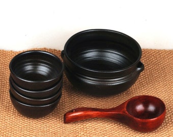 Handmade Korean Onggi Makgeolli Set for 4 - 1 Bangguri Bowl and 4 Cups