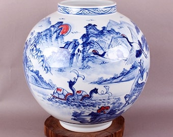 Handmade Korean Baekja Porcelain Moon Jar with Chung Hwa Landscape Painting - Sipjangsaeng (Ten Symbols of Longevity)
