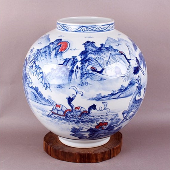 Handmade Baekja Porcelain Moon Jar: Korean Sipjangsaeng Landscape