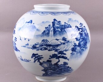 Handmade Korean Baekja Porcelain Moon Jar with Chung Hwa Landscape Painting