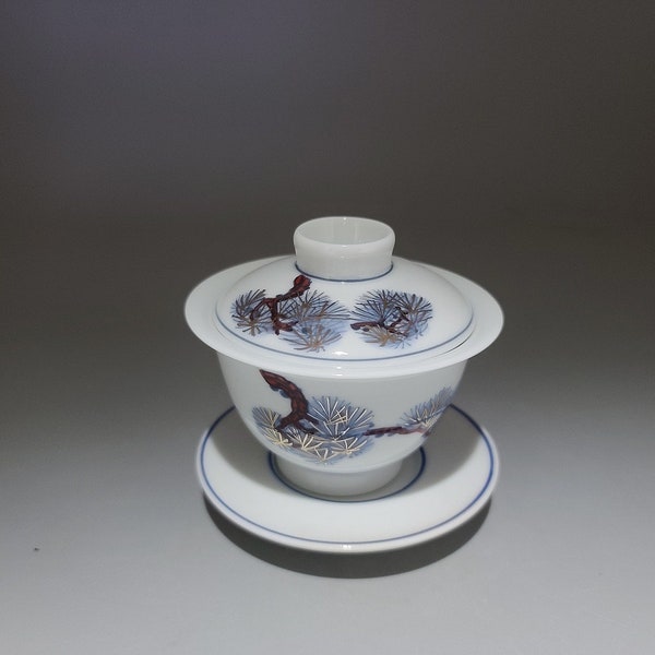 Handmade Korean Chunghwa Baekja White Porcelain Gaiwan Tea Pot - Golden Pine Tree, Gong Fu Cha, Tea Ceremony