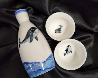 Handmade Korean Chunghwa Baekja White Porcelain Sake Set - Whale, Pitcher & Cups, Soju, Makgeoli