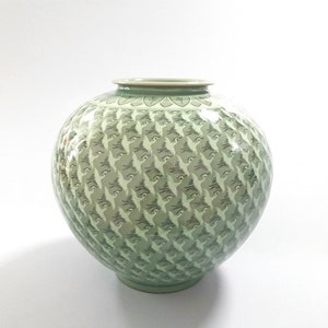 Handmade Korean Ceramic Inlaid Celadon (상감 청자) Moon Jar - 500 Cranes, Goryeo, Traditional, Home Decor