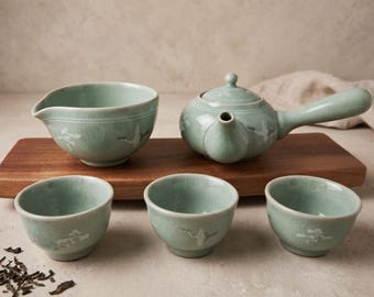 手作りの韓国製青磁茶器セット（3人用または5人用）：雲鶴柄、工夫茶