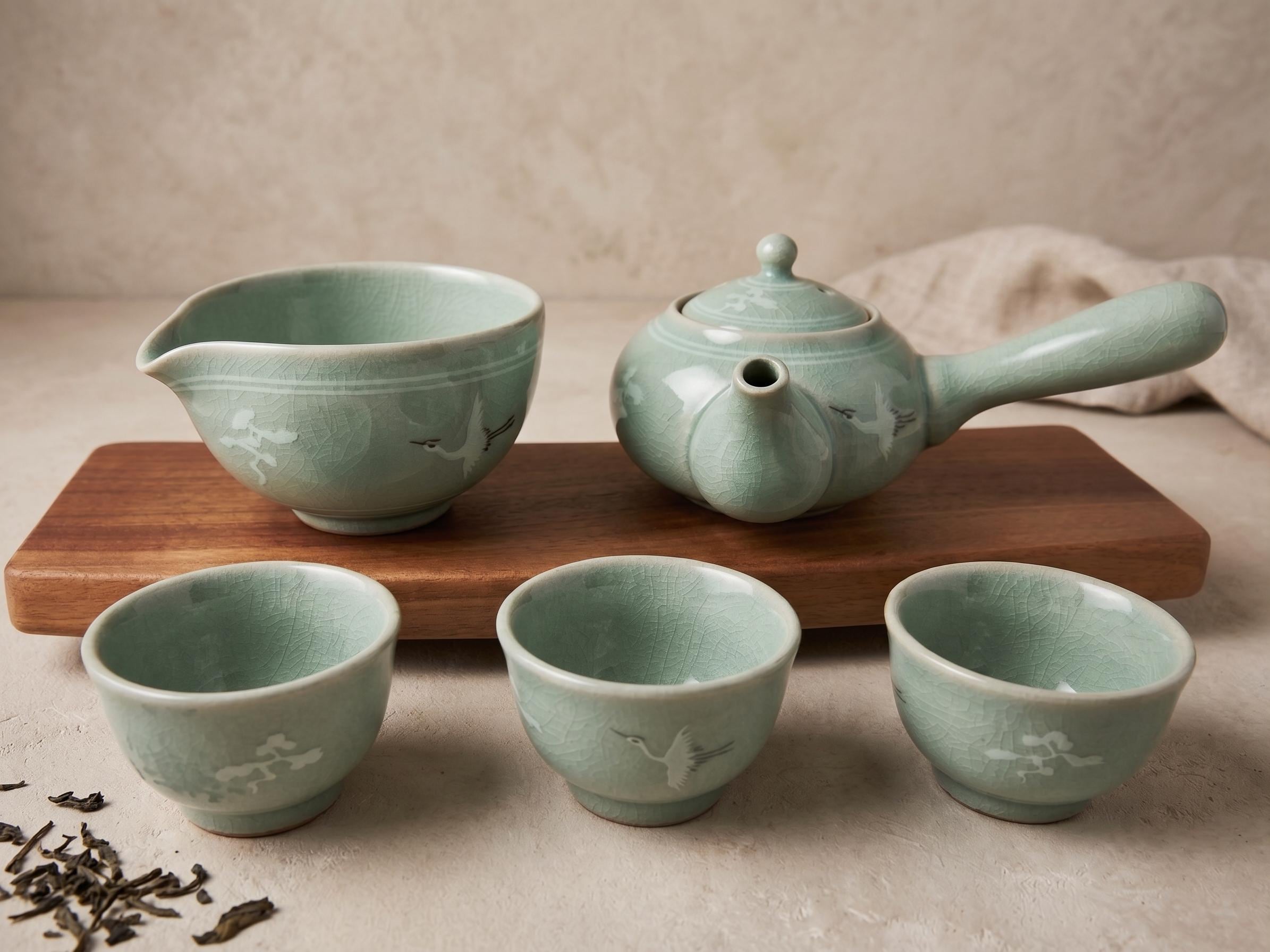 手作りの韓国製青磁茶器セット（3人用または5人用）：雲鶴柄、工夫茶