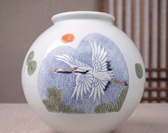Korean Hand-Carved Stipple White Porcelain Moon Jar - Pine Tree & Crane (20cm)