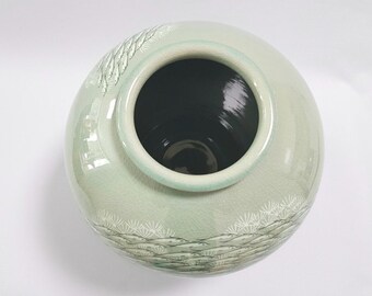 手作りの韓国陶磁器象嵌青磁（상감 청자）月壺 - 魚の群れ、高麗、伝統