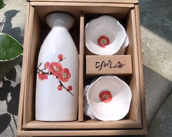 Handmade Hand-Painted Korean Baekja White Porcelain Sake Set - Plum Blossom