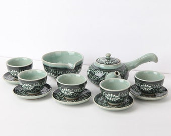 Handmade Korean Dark Inlaid Celadon Tea Set for 5 with Chrysanthemum Pattern, Teapot, Tea Pitcher, Tea Cups, Saucer, Gong Fu Cha