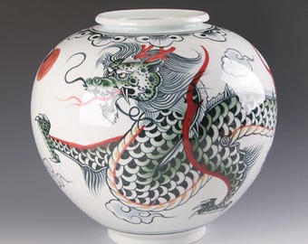 Handmade Korean Baekja Porcelain Moon Jar with Chung Hwa Dragon Painting, Year of Blue Dragon