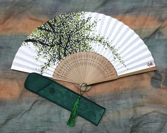 Traditional Korean Hand-Painted Hanji Bamboo Hand Fan with Summer Tree