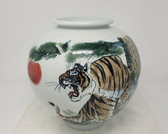 Handmade Korean Baekja Porcelain Moon Jar with Tiger Painting, Year of Tiger