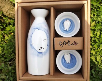 Handmade Hand-Painted Korean Chunghwa Baekja White Porcelain Sake Set - Harp Seal, Pitcher & Cups, Soju, Makgeoli