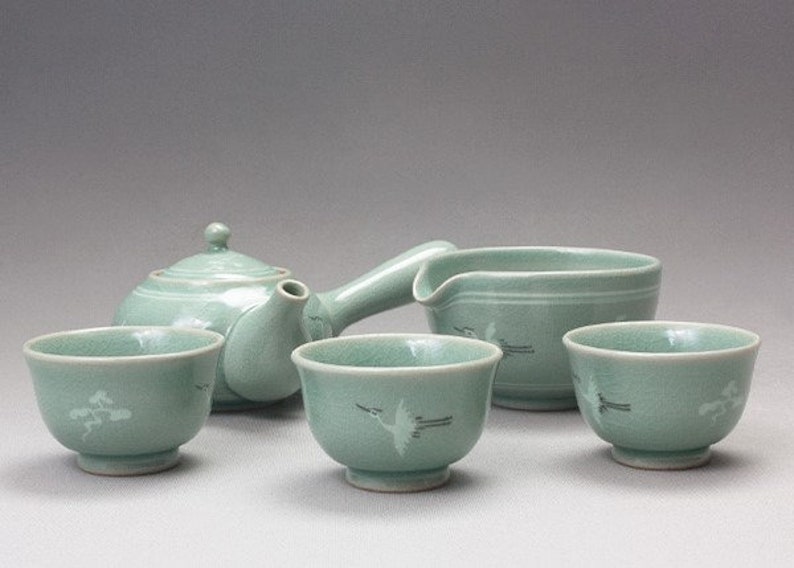 Handmade Korean Celadon Tea Set for 3 with Gift Box Clouds Etsy