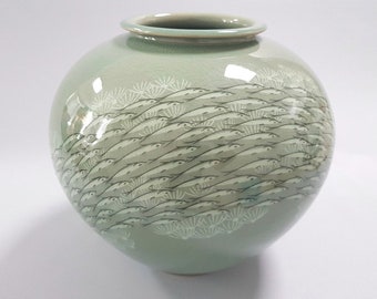 Handmade Korean Ceramic Inlaid Celadon (상감 청자) Moon Jar - School of Fish, Goryeo, Traditional, Home Decor