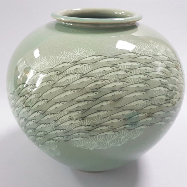 Handmade Korean Ceramic Inlaid Celadon (상감 청자) Moon Jar - School of Fish, Goryeo, Traditional, Home Decor