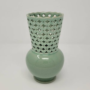 Handmade Korean Ceramic Inlaid Celadon (상감 청자) Vase with Openwork, Goryeo, Traditional, Home Decor